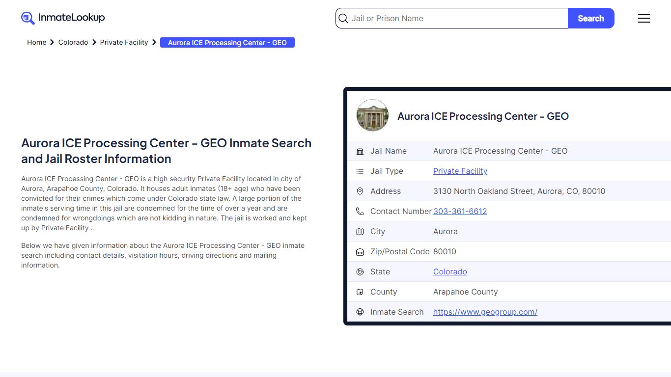 Aurora ICE Processing Center - GEO (CO) Inmate Search Colorado - Inmate ...