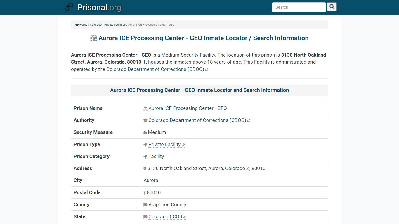 Aurora ICE Processing Center - GEO-Inmate Locator/Search Info, Phone ...